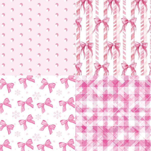 Set of four pink patterns including bows, candy canes, snowflakes, and plaid on a white background.