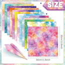 Colorful paper sheets with starry design and size measurement on a white background