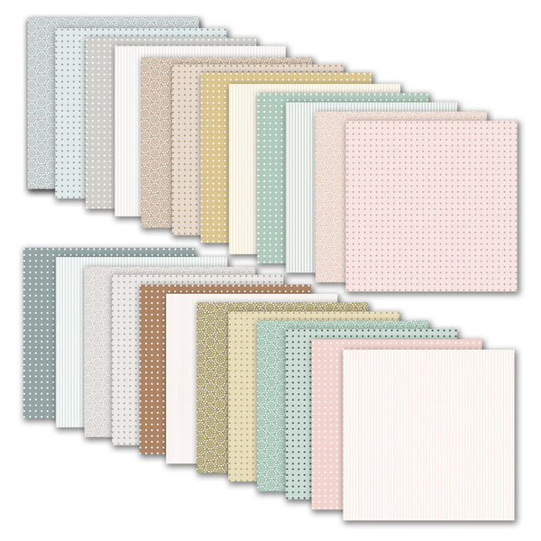 Set of pastel-colored square tiles with different patterns on a white background
