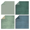 Four green fabric swatches with different patterns on a white background