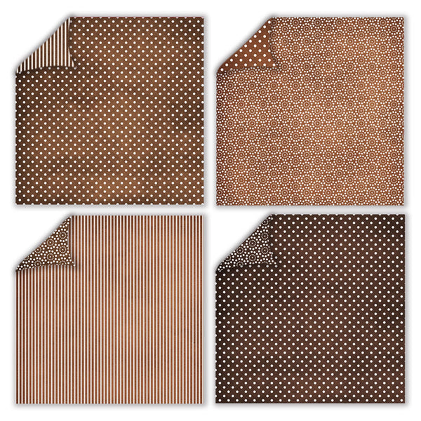 Four fabric swatches with brown and white polka dot and stripe patterns on a white background.