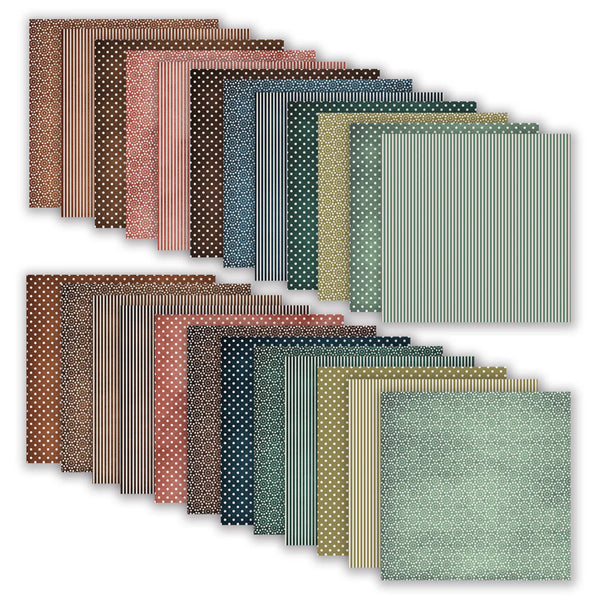 Set of patterned paper sheets arranged in a grid on a white background