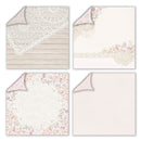 Set of four stationery items with lace and floral designs on a white background