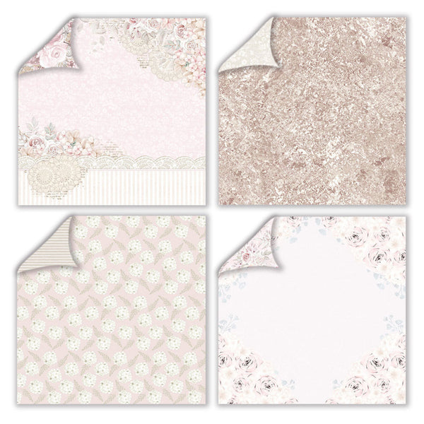 Set of four decorative paper sheets with different patterns on a white background