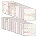 Set of floral and lace patterned paper sheets on a white background
