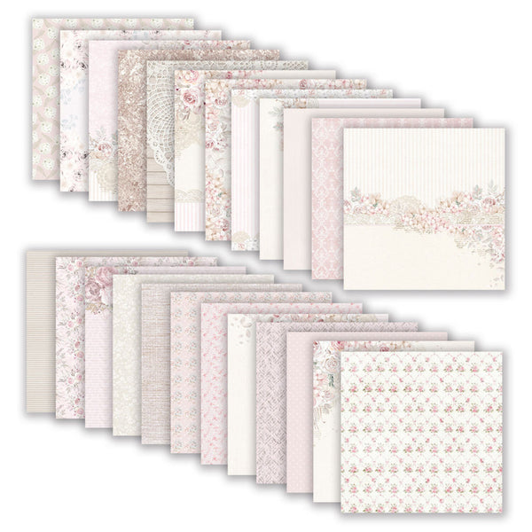 Set of floral and lace patterned paper sheets on a white background