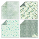 Set of four green fabric swatches with floral patterns