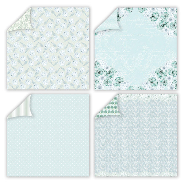 Set of four fabric swatches with floral and geometric patterns on a light blue background.