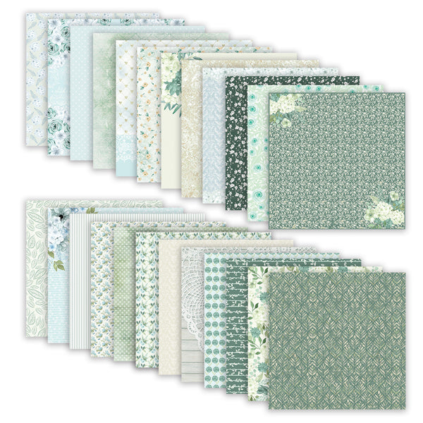 Collection of green and white patterned paper sheets on a white background