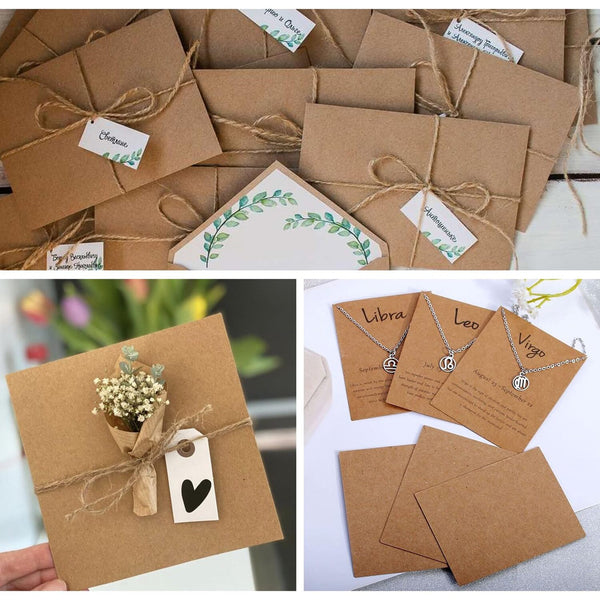 Collage of brown paper packages with tags and necklaces on cards.