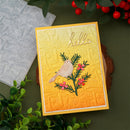 Handmade card with bird and floral design on a yellow background, surrounded by greenery and berries.
