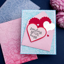 Card with heart design and text 'Sending virtual hugs' on a blue background with floral elements.