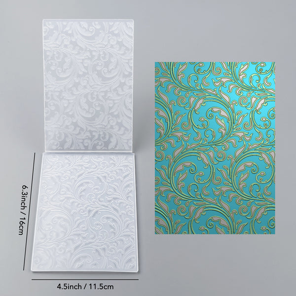 Two embossed paper sheets with patterns and measurements on a gray background
