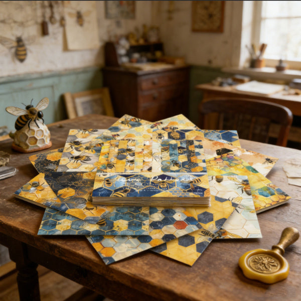 Set of decorative tiles with bee designs on a wooden table in a rustic kitchen setting.