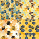 Pattern of bees and honeycomb cells in various colors.
