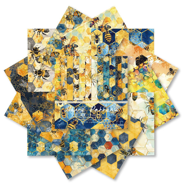 Set of bee-themed placemats with hexagonal patterns on a white background