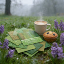 Cup of coffee and muffin on green meadow with purple flowers