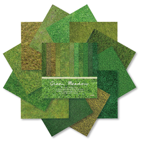 Collection of green textured paper sheets with a 'Green Meadow' label.