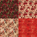 Collection of floral and textured fabric patterns in red and beige.