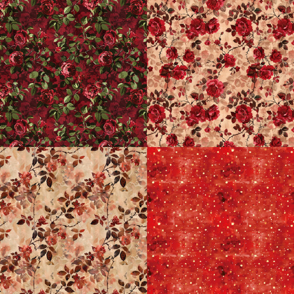Collection of floral and textured fabric patterns in red and beige.