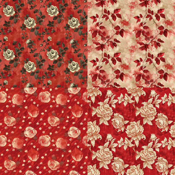Two floral patterns on a red background, one with white flowers and the other with red and beige flowers.