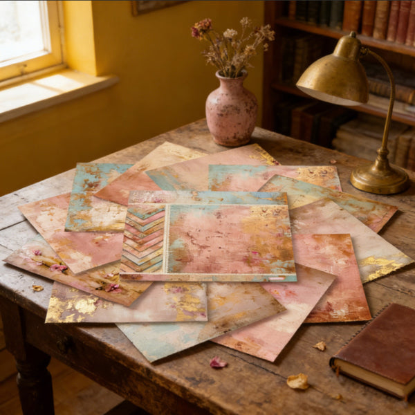 Vintage-style stationery items on a wooden desk with a lamp and books in the background.