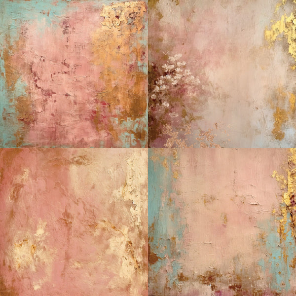 Collage of textured pink, gold, and blue surface patterns.