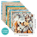 Set of paper sheets with various designs including seashells and starfish, with dimensions indicated.