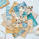Collection of textured paper sheets with beach theme on a light blue background
