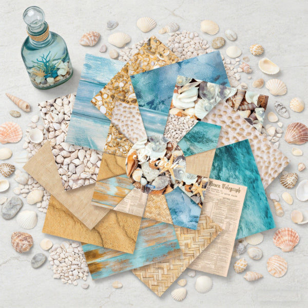 Collage of textured paper with beach theme surrounded by seashells on a light background