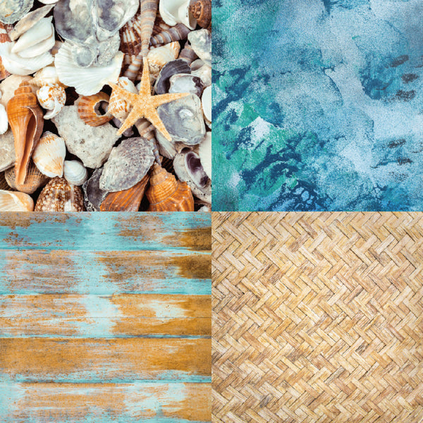Collage of seashells, starfish, textured blue watercolor, wooden planks, and woven pattern.