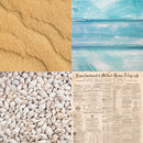 Collage of sand, pebbles, blue wooden planks, and a newspaper.