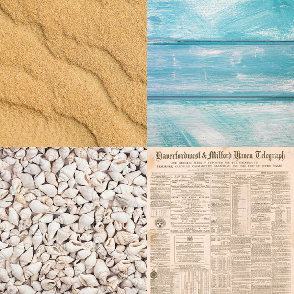 Collage of sand, pebbles, blue wooden planks, and a newspaper.