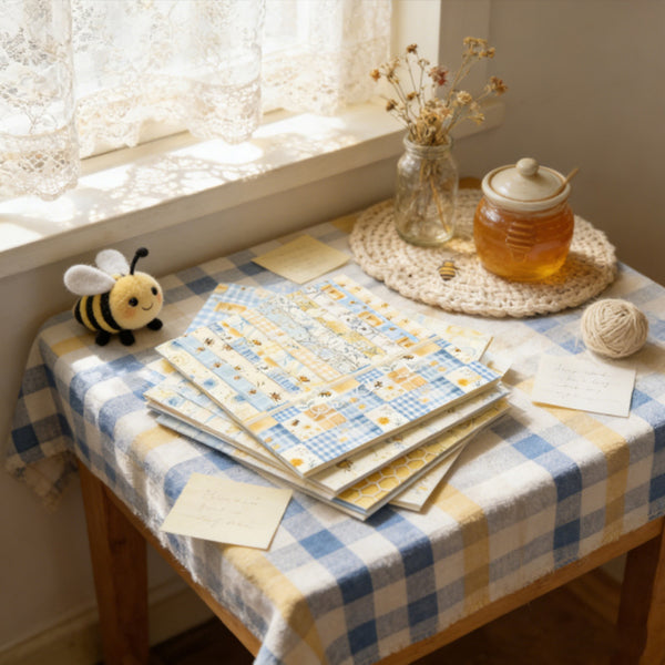 Table with checkered tablecloth, books, a plush bee, and a jar of honey near a window.