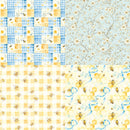 Collection of four fabric patterns with bees, checkered designs, and floral elements on a blue and yellow background.