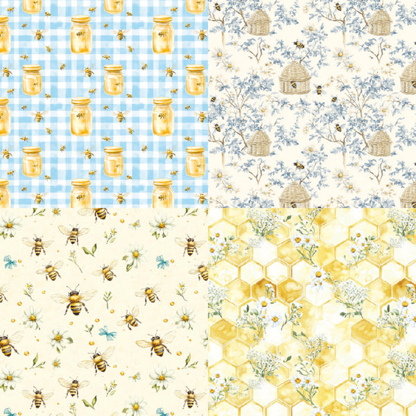 Four different bee-themed fabric patterns arranged in a grid.