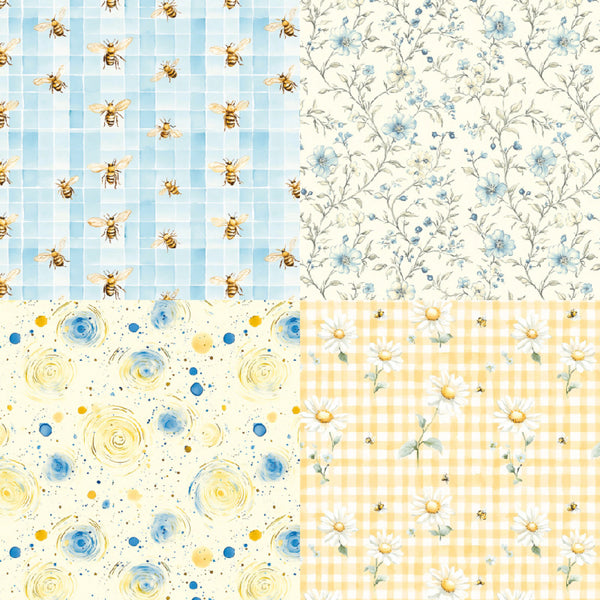 Collection of fabric patterns with bees, flowers, and checkered designs.
