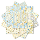 Collection of patterned paper sheets with bee and floral designs on a white background