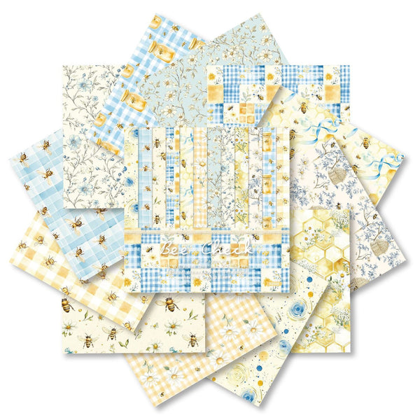 Collection of patterned paper sheets with bee and floral designs on a white background