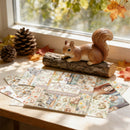 Squirrel figurine on a log with autumn-themed decor including pinecones and leaves.