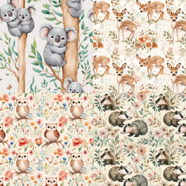 Pattern of koalas, deer, owls, and badgers among flowers and leaves.