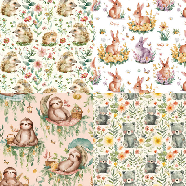 Pattern of various animals and flowers on a white background