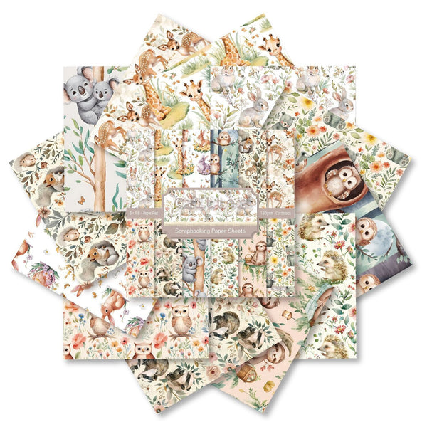 Collection of patterned paper sheets with animal illustrations on a white background