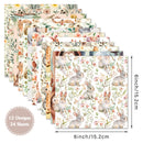 Set of stationery sheets with animal and floral patterns, including dimensions and design count.