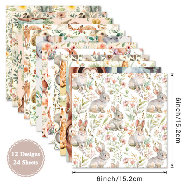 Set of stationery sheets with animal and floral patterns, including dimensions and design count.