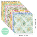 Set of floral and patterned paper sheets with dimensions and design count displayed.