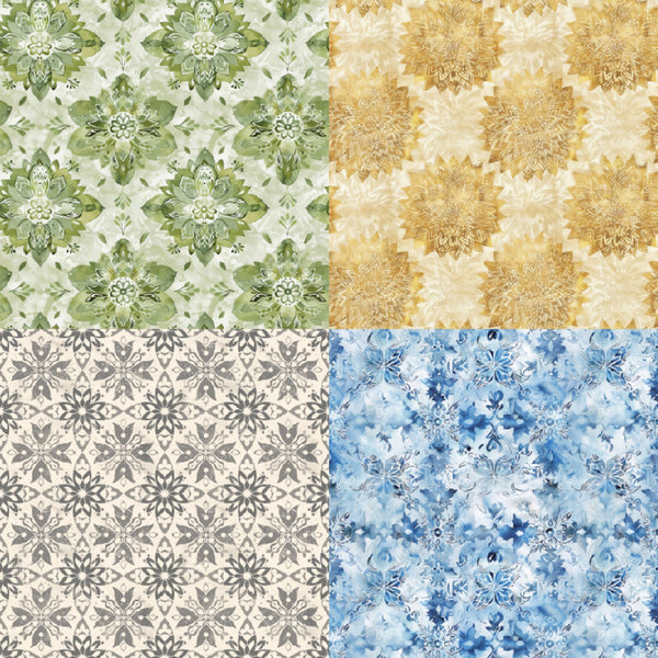 Four different patterned tiles in green, gold, gray, and blue.