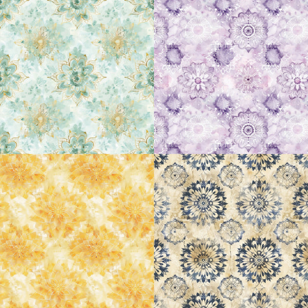 Four different floral patterned fabrics arranged in a 2x2 grid.