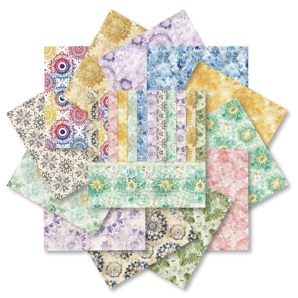 Collection of colorful patterned paper sheets with 'Sola Mosaics' branding.