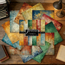 Collection of scrapbooking paper sheets with 'fatima' branding on a wooden surface.